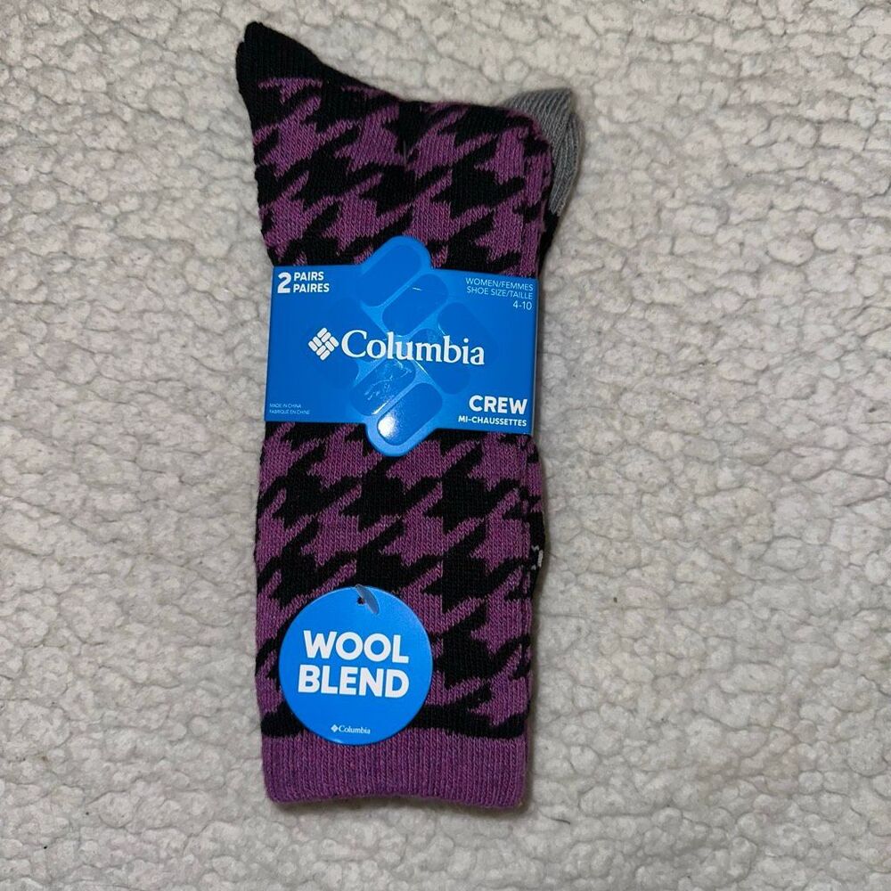 Columbia Women’s Wool Blend Crew Socks 2 Pairs Purple Black Houndstooth NWT